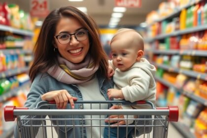 Fiatal anya bébi kocsival bevásárlás közben egy boltban.