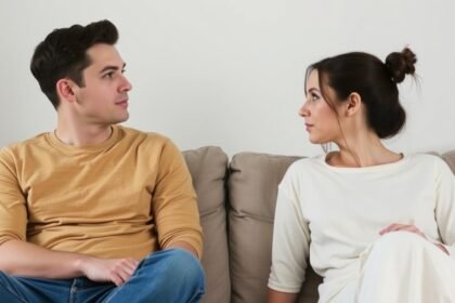 Fiatal pár ül a kanapén, érzelmi távolság a kapcsolatukban.