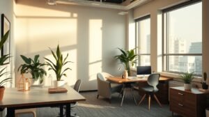 Modern munkahelyi környezet növényekkel és világos terekkel.