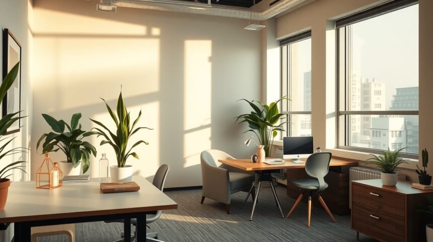 Modern munkahelyi környezet növényekkel és világos terekkel.