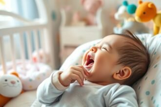 Csecsemő nevetése játékos környezetben, vidám és boldog pillanat.