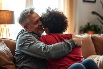 Két barát ölelése, akik érzelmi támogatást nyújtanak egymásnak.