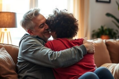 Két barát ölelése, akik érzelmi támogatást nyújtanak egymásnak.