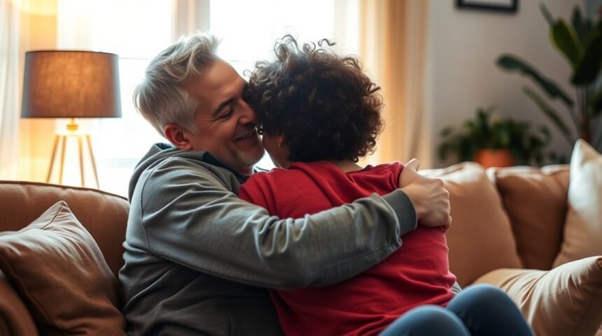 Két barát ölelése, akik érzelmi támogatást nyújtanak egymásnak.