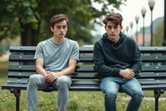 Két fiatal férfi ül egy padon, kifejezésük a bizonytalanságot sugallja.