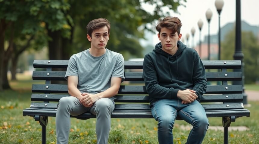 Két fiatal férfi ül egy padon, kifejezésük a bizonytalanságot sugallja.