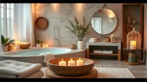 womensway 134 Otthoni spa hangulat, fürdőszoba gyertyákkal és puha textíliákkal.