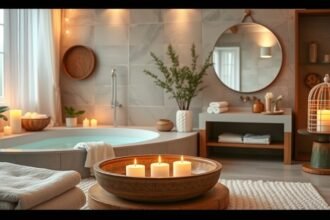 Otthoni spa hangulat, fürdőszoba gyertyákkal és puha textíliákkal.