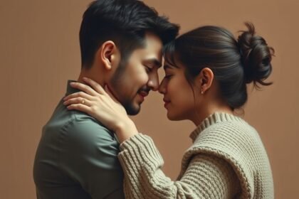 Egy pár intim pillanata, amely a bizalom és érzelmek kifejezését jelképezi.