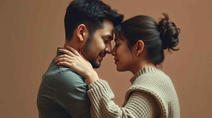 Egy pár intim pillanata, amely a bizalom és érzelmek kifejezését jelképezi.