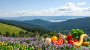 womensway 141 Friss zöldségek és gyümölcsök a természetben, hegyekkel a háttérben.