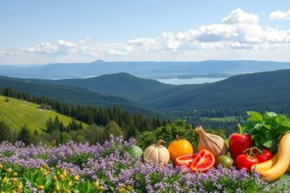 Friss zöldségek és gyümölcsök a természetben, hegyekkel a háttérben.