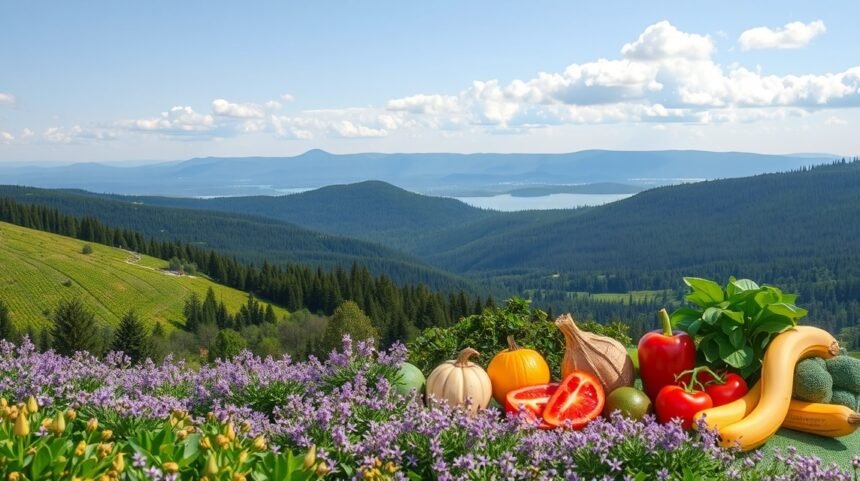 Friss zöldségek és gyümölcsök a természetben, hegyekkel a háttérben.