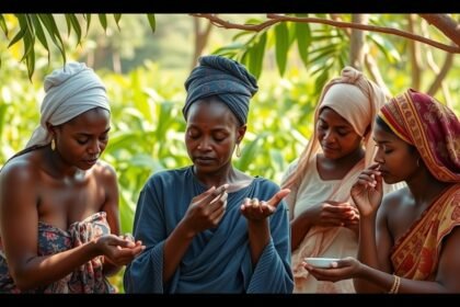 Nők szépségápolási szokásokat osztanak meg egy természetes környezetben.