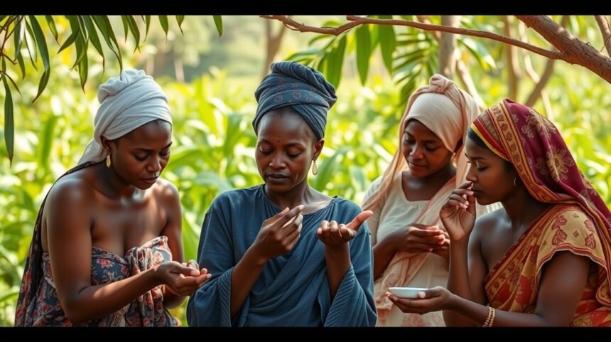 Nők szépségápolási szokásokat osztanak meg egy természetes környezetben.