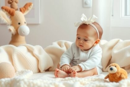 Érzékeny baba játszik puha takarón, körülötte aranyos játékok.