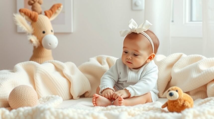 Érzékeny baba játszik puha takarón, körülötte aranyos játékok.