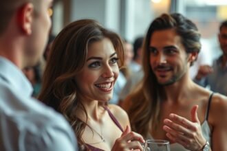 Nő mosolyogva flörtöl férfiakkal egy társasági eseményen.
