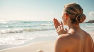 Nő napozás után bőrápoló krémet alkalmaz a tengerparton.