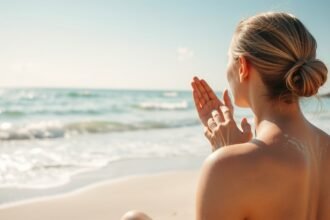 Nő napozás után bőrápoló krémet alkalmaz a tengerparton.