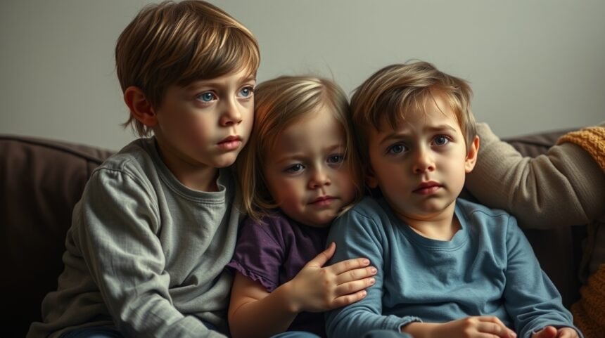 Három szomorú gyermek ül a kanapén, érző szívvel figyelik a világot.