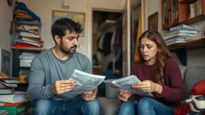 Pár pénzügyi problémákat vitat meg a kanapén ülve.