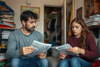 Pár pénzügyi problémákat vitat meg a kanapén ülve.