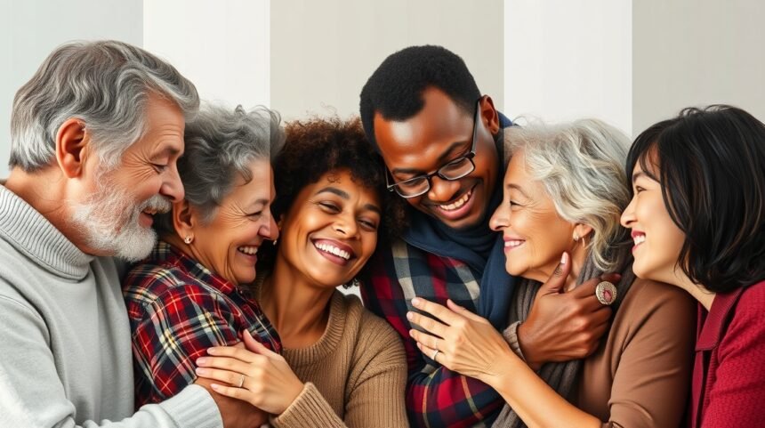 Különböző korú emberek boldog pillanatai együtt.