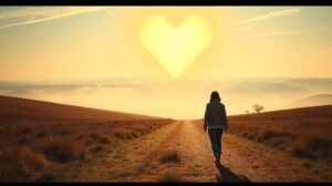 Egy nő sétál egy ködös tájon, szív alakú napfény világít a háttérben.