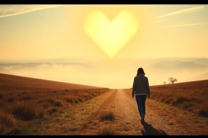 Egy nő sétál egy ködös tájon, szív alakú napfény világít a háttérben.
