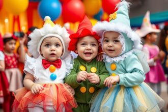 Aranyos kisbabák farsangi jelmezekben ünnepelnek egy bulin.