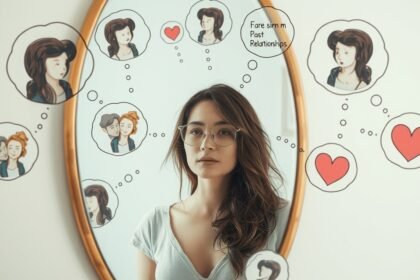 Nő tükör előtt, kapcsolatokról és önértékelésről gondolkodva.