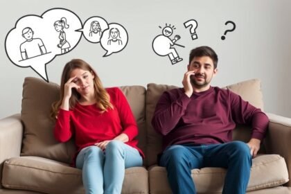 Feszült párkapcsolat két ember között, gondolatbuborékokkal