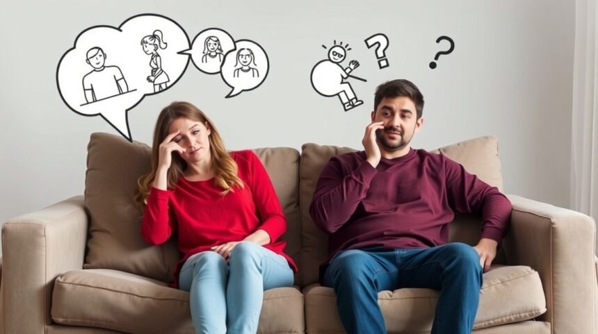 Feszült párkapcsolat két ember között, gondolatbuborékokkal