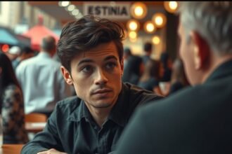 Egy fiatal férfi érdeklődve figyel egy beszélgetés közben.