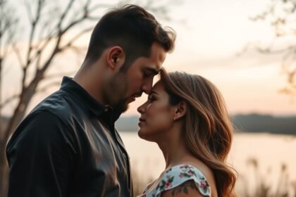 Két ember egymással szemben áll, érzelmekkel telítve a naplementében.