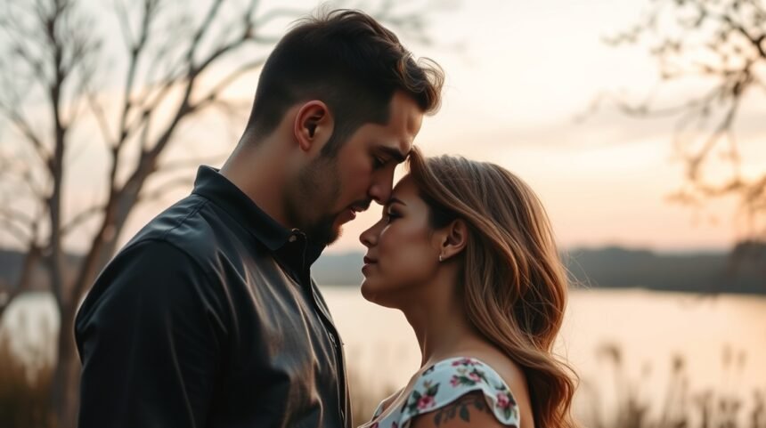 Két ember egymással szemben áll, érzelmekkel telítve a naplementében.