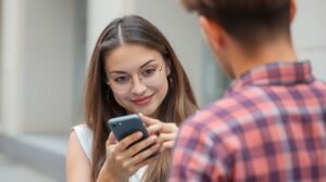 Fiatal nő okostelefonnal üzenetet küld egy ismeretlen srácnak.
