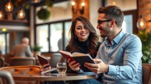 Egy pár könyvet olvas egy kávézóban, beszélgetve és nevetve.