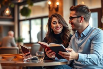 Egy pár könyvet olvas egy kávézóban, beszélgetve és nevetve.