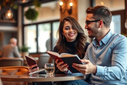 Egy pár könyvet olvas egy kávézóban, beszélgetve és nevetve.