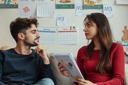 Pár beszél a gyermekvállalás ideális időzítéséről.