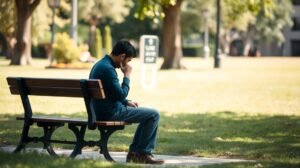 Egy férfi ül a padon, láthatóan mély gondolkodásban a parkban.