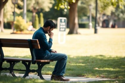 Egy férfi ül a padon, láthatóan mély gondolkodásban a parkban.