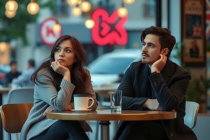 Két ember ül egy kávézóban, mélyen gondolkodva a kapcsolataikon.