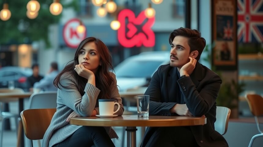 Két ember ül egy kávézóban, mélyen gondolkodva a kapcsolataikon.