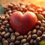 Szív alakú piros dekoráció kakaóbabbal körülvéve