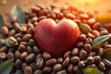 Szív alakú piros dekoráció kakaóbabbal körülvéve