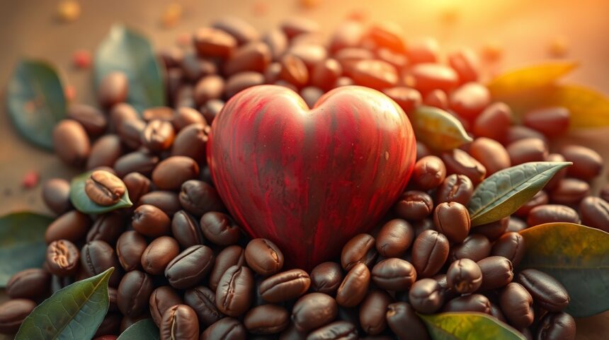 Szív alakú piros dekoráció kakaóbabbal körülvéve