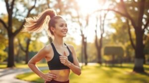 Fiatal nő fut edzés közben a természetben, napfényben mosolyogva.